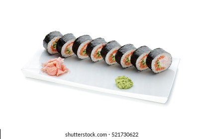 Delicious Sushi Rolls On White Plate Isolated 