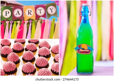 Delicious sweet buffet with lemonade and cupcakes with  vivid striped background. high-resolution collage
