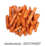 Delicious sweet potato fries isolated on white, top view