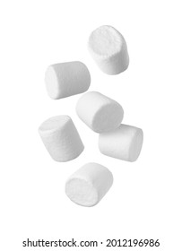 Delicious sweet puffy marshmallows flying on white background