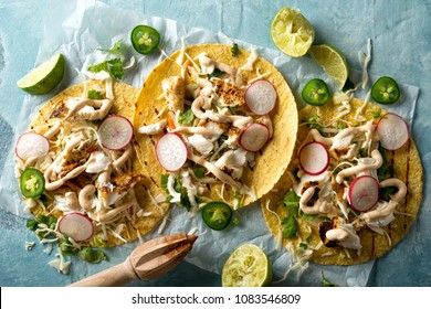 Delicious Tacos With Grilled Fish, Cilantro, Lime, Cabbage, Carrot, Jalapeno And Radish With Mexican Chili Crema Sauce.