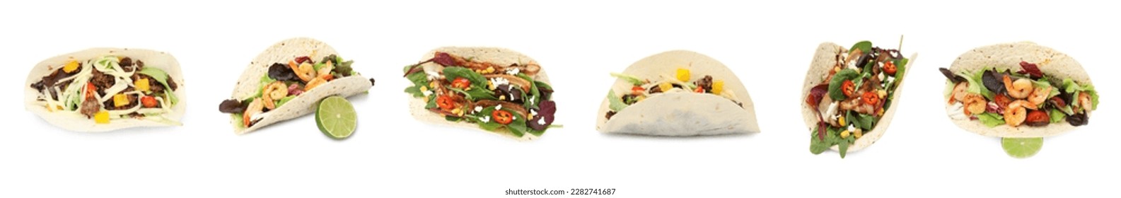 Delicious tacos isolated on white, collage design - Shutterstock ID 2282741687