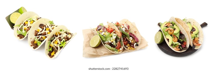 Delicious tacos isolated on white, collage design - Shutterstock ID 2282741693