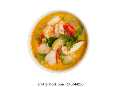 Delicious Thai Food: Green Curry In A White Bowl