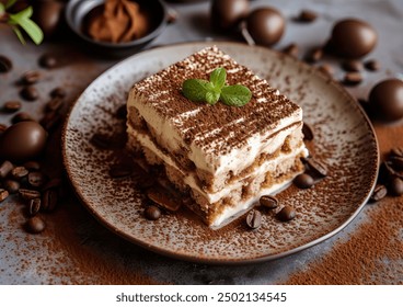 Delicious tiramisu dessert captured from a stunning angle, showcasing layers of cocoa and mascarpone, professional food photography, aesthetically arranged for a visual feast.