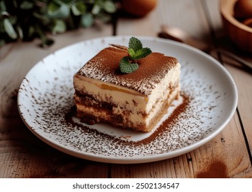 Delicious tiramisu presented in an elegant manner, showcasing layers of coffee-soaked ladyfingers and creamy mascarpone, captured from a captivating angle.
