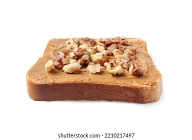 Delicious Toast With Peanut Butter And Crushed Nuts Isolated On White