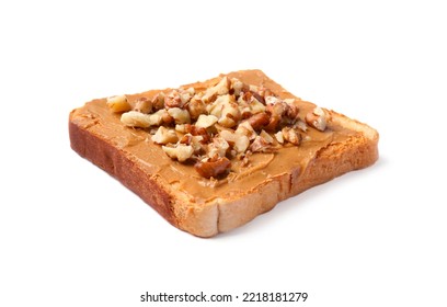 Delicious Toast With Peanut Butter And Crushed Nuts Isolated On White