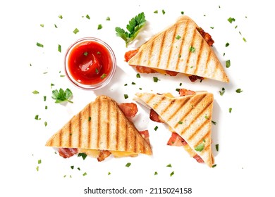 Delicious toasted sandwiches with cheddar cheese and bacon isolated on white background, top view - Shutterstock ID 2115024158
