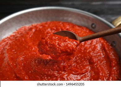 Delicious Tomato Sauce In Pan, Closeup View