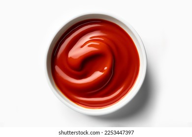 Delicious top view ketchup in white bowl isolated on white background. Portion of tomato sauce with clipping path. One of the collection of various sauces