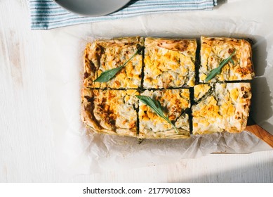 Delicious Traditional Pie With A Golden Crust On A White Wooden 