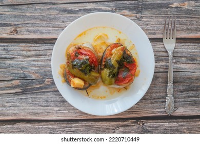 Delicious Traditional Turkish Fish Dish, Palamut Pilaki. Presentation Of A Great Fish Dish On A White Plate. Top Shot.