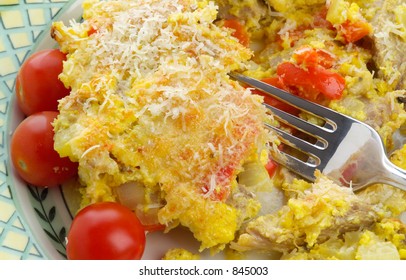 Delicious Turkey Hash With Eggs, Parmesan And Cherry Tomatoes