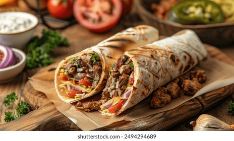 Delicious Turkish Doner Kebabs in Pita Bread for your background business, poster, wallpaper, banner, backdrop, greeting cards, and advertising for business entities or brands.