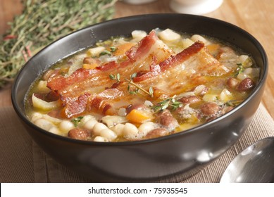 Delicious Tuscan Soup With Crispy Bacon And Beans