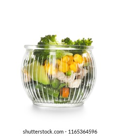 Delicious vegetable salad with chicken in mason jar on white background