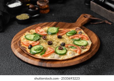 A delicious vegetarian pizza topped with fresh cucumber, tomato slices, and olives on a wooden cutting board. - Powered by Shutterstock