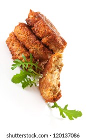 Delicious Veggie Burger Patty With Fresh Herbs Isolated On White Background. Culinary Vegan Eating.