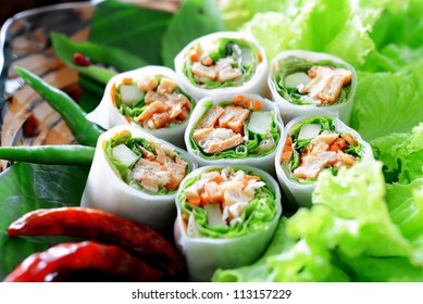 Delicious Vietnamese Spring Roll With Vegetable And Chili