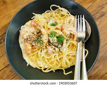 Delicious western food, spaghetti carbonara with fresh prawn - Shutterstock ID 1903053607