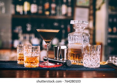 Delicious Whiskey Based Cocktails, Alcoholic Beverages In Modern Bar