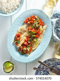 Delicious White Fish Veracruz With Olives, Capers, Tomato, Jalapeno Pepper And Cilantro.