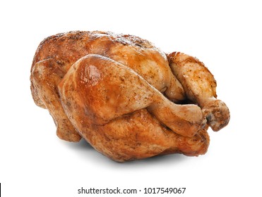 Delicious whole roasted chicken on white background