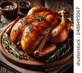 Delicious Whole Roasted Chicken Rosemary Delight on Wooden Platter, Golden Brown Whole Chicken