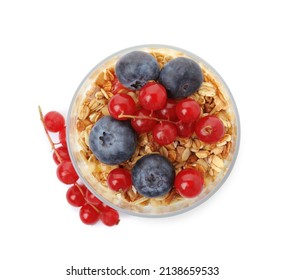 Delicious Yogurt Parfait With Fresh Berries On White Background, Top View