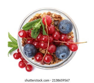 Delicious Yogurt Parfait With Fresh Berries And Mint On White Background, Top View