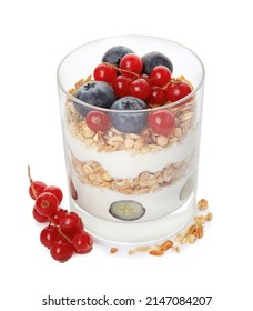 Delicious Yogurt Parfait With Fresh Berries On White Background