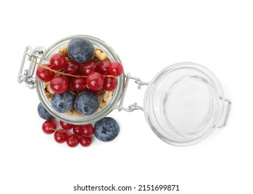 Delicious Yogurt Parfait With Fresh Berries On White Background, Top View