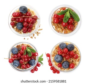 Delicious Yogurt Parfait With Fresh Berries And Mint On White Background, Top View. Collage