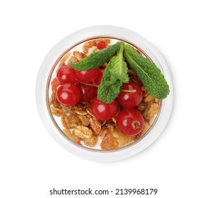 Delicious Yogurt Parfait With Fresh Red Currants And Mint Isolated On White, Top View
