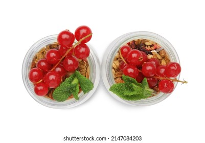 Delicious Yogurt Parfait With Fresh Red Currants And Mint On White Background, Top View