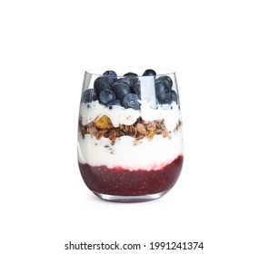 Delicious Yogurt Parfait In Glass Isolated On White
