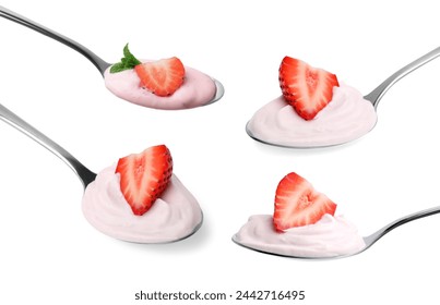 Delicious yogurt with strawberries in spoons isolated on white, set - Powered by Shutterstock