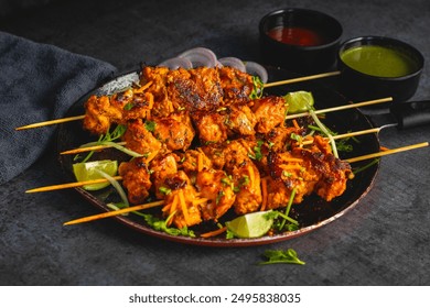 Deliciously Spiced Chicken Tikka Kabab, A Flavourful Grilled Delight with Tangy Marinade and Smoky Charcoal Aroma Serve with Mint and Tomato Chutney. Selective focus.  - Powered by Shutterstock