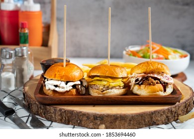 Deliciously White Castle Style Sliders With Pulled Pork, Classic Cheese And Blue Cheese With A Side Of Green Salad