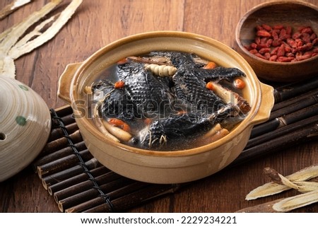 Delicoius silky chicken, black-boned chicken soup with Chinese herbal medicine.
