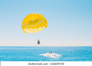 Delight of people from parasailing flight - incredible impressions of the freedom of soaring and amazing view from the height