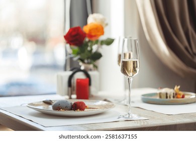 Delight in a romantic dining experience featuring meticulously crafted sushi, fresh ingredients, and elegant desserts paired with sparkling champagne, perfect for special occasions
