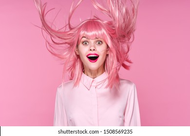 Delight Woman Wide Open Mouth Emotions Pink Hair Bright Makeup Isolated Background