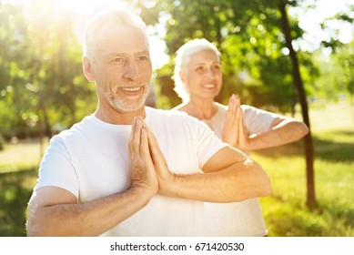 Delighted aged couple meditating in the park - Shutterstock ID 671420530