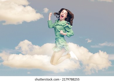 Delighted amazed girl flying mid-air with raised fists shouting for joy jumping trampoline looking at camera extremely happy, celebrating success in the sky. collage composition on day cloudy blue sky