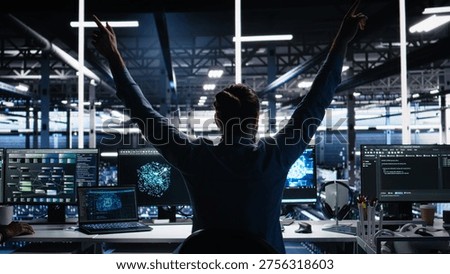 Delighted developer celebrating in data center after successfully coding with generative AI. Overjoyed employee doing high five with colleague after leveraging AI large language model, camera A