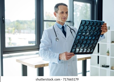 Delighted smart neurologist holding an X ray scan