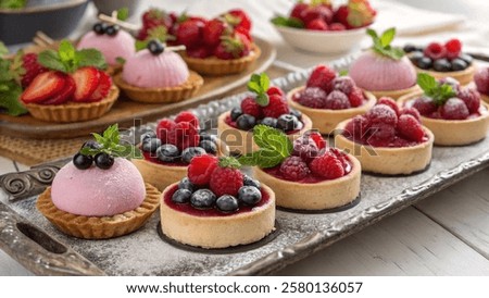 A delightful assortment of gourmet tarts, beautifully arranged on a rustic metal tray and topped with fresh berries. A perfect representation of fine patisserie and artistic food styling.