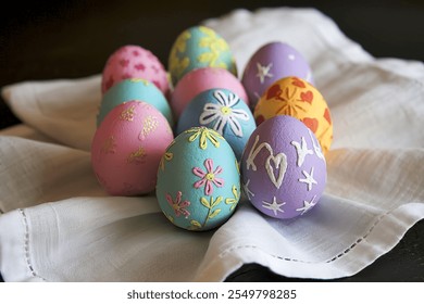 A delightful, handcrafted Easter egg display with colorful, intricately designed eggs - Powered by Shutterstock